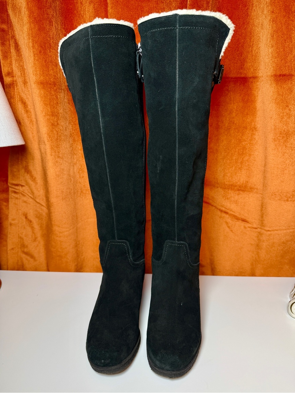 Issac Mizrahi Live Black Suede Knee-High Women's Boots with Shearling Trim